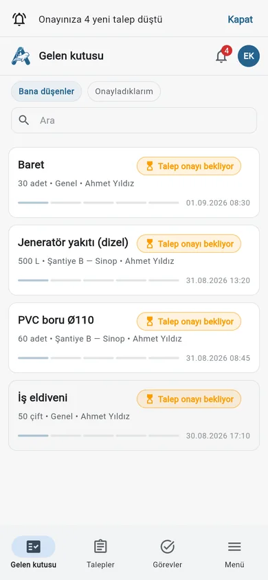 Mobil uygulama: yöneticinin gelen kutusu, onay bekleyen talepler